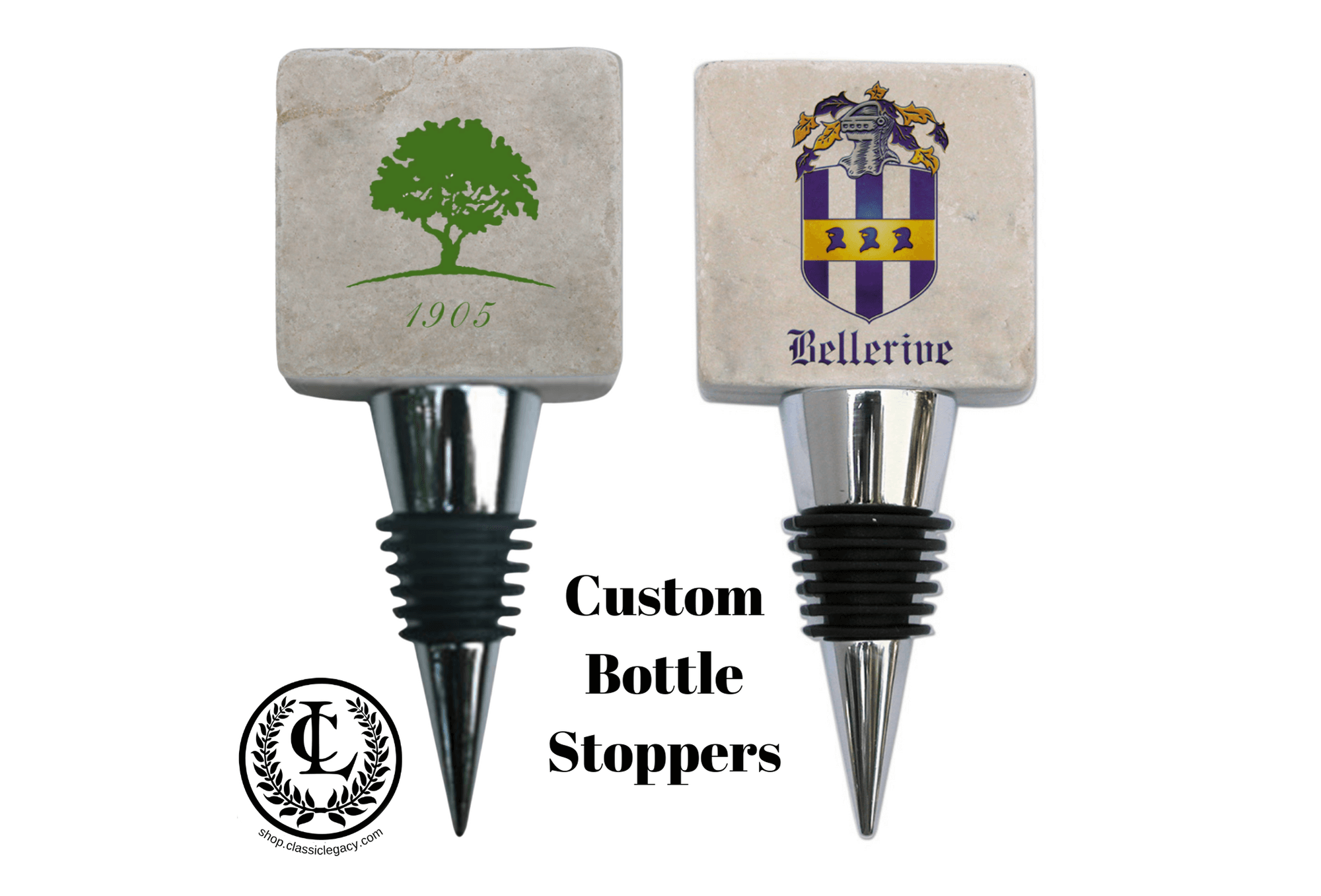 Custom marble logo bottle stoppers for golf clubs.