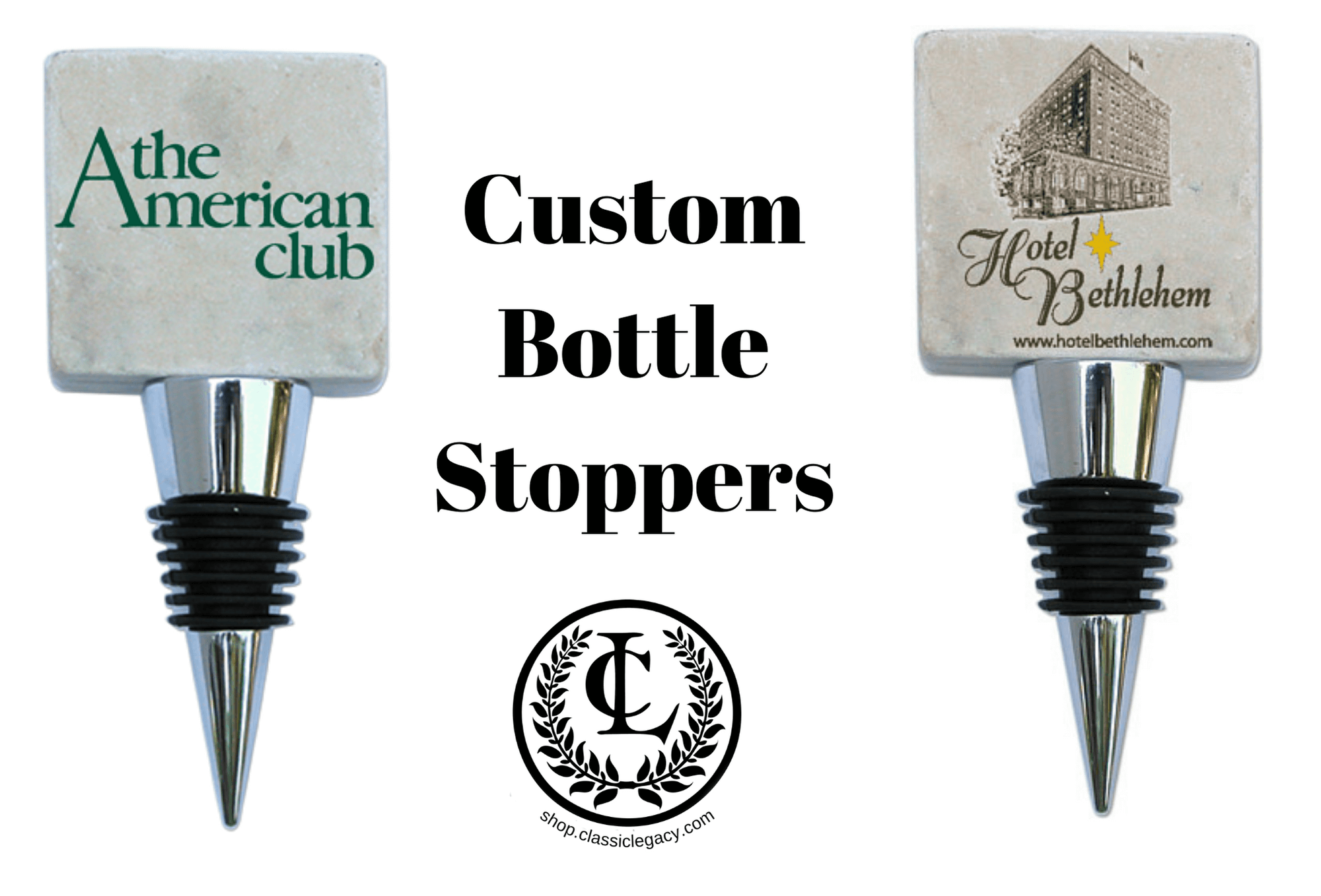 Custom marble bottle stoppers with logo of The American Club and the logo of Hotel Bethlehem.