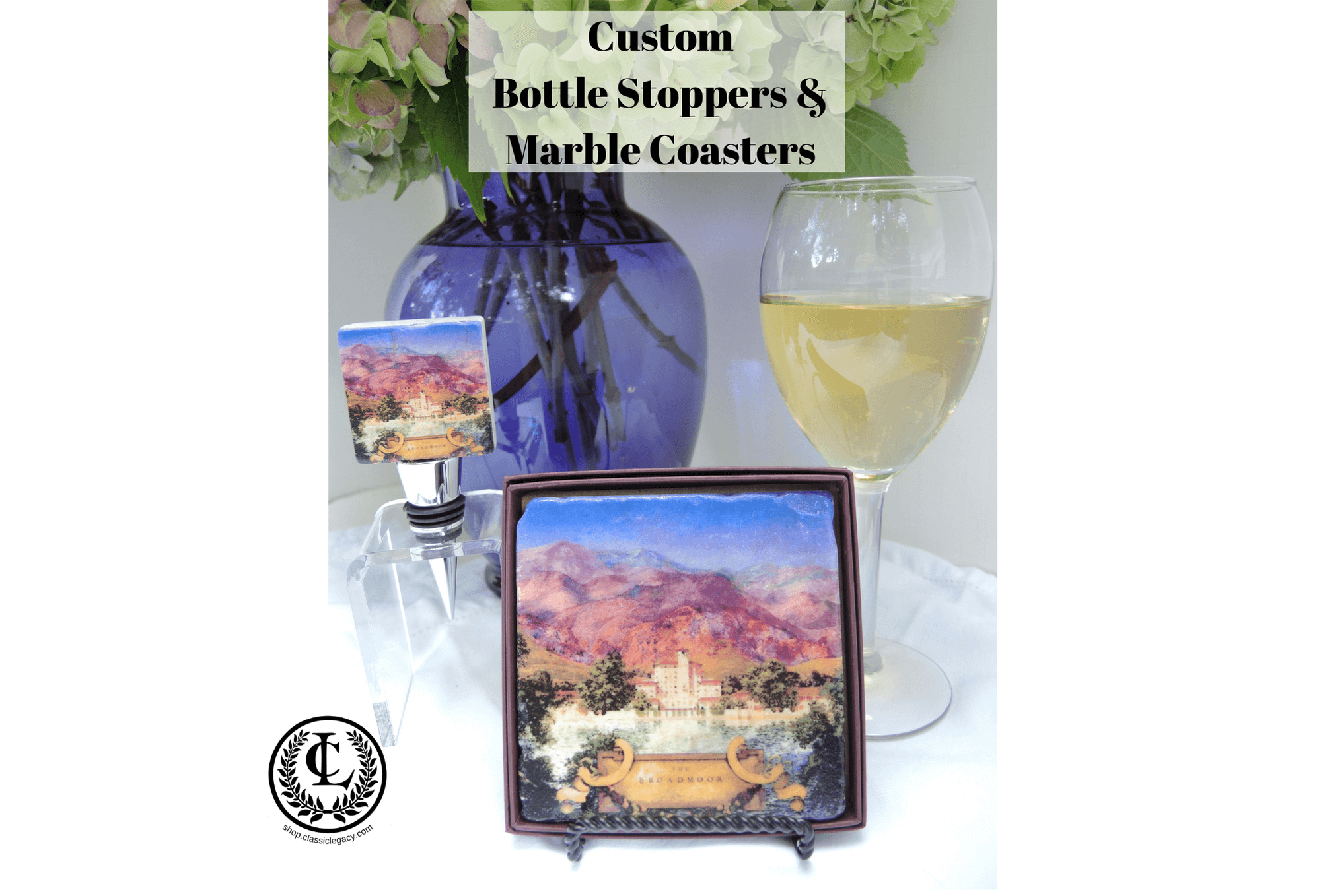 Custom marble bottle stopper and marble coaster with art image of The Broadmoor Hotel