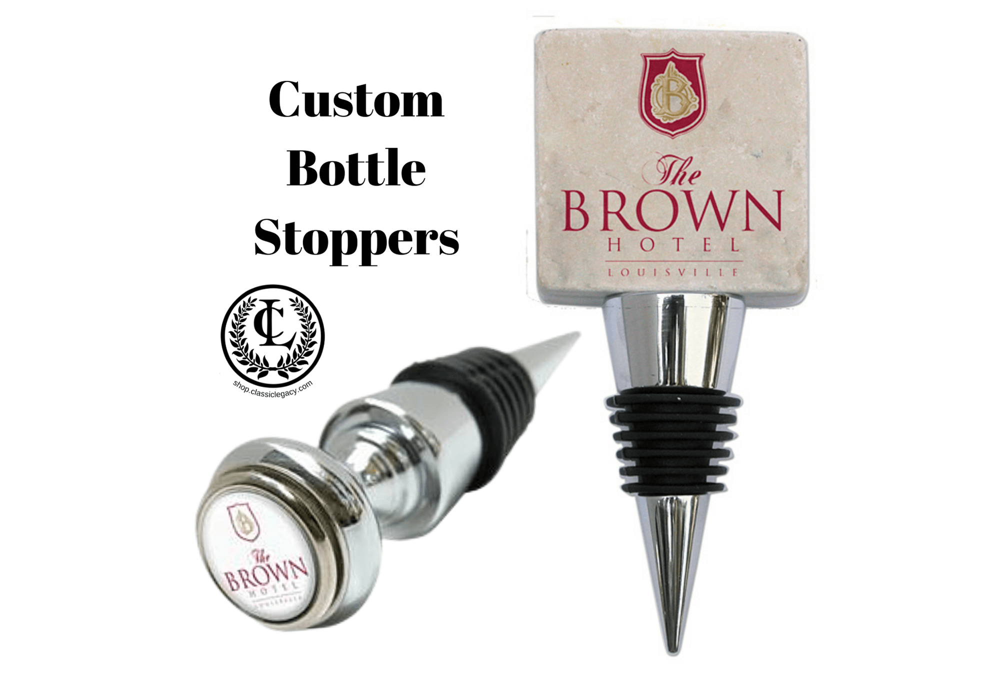 Custom personalized bottle stoppers with logo of The Brown Hotel