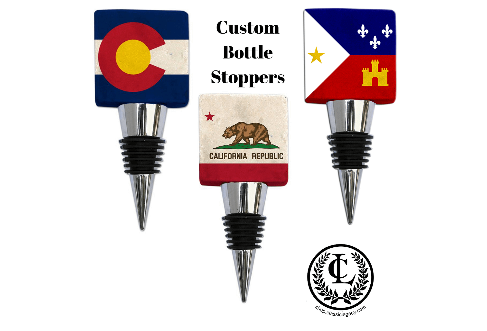 Examples of logo bottle stoppers with state flag images of Colorado and California.