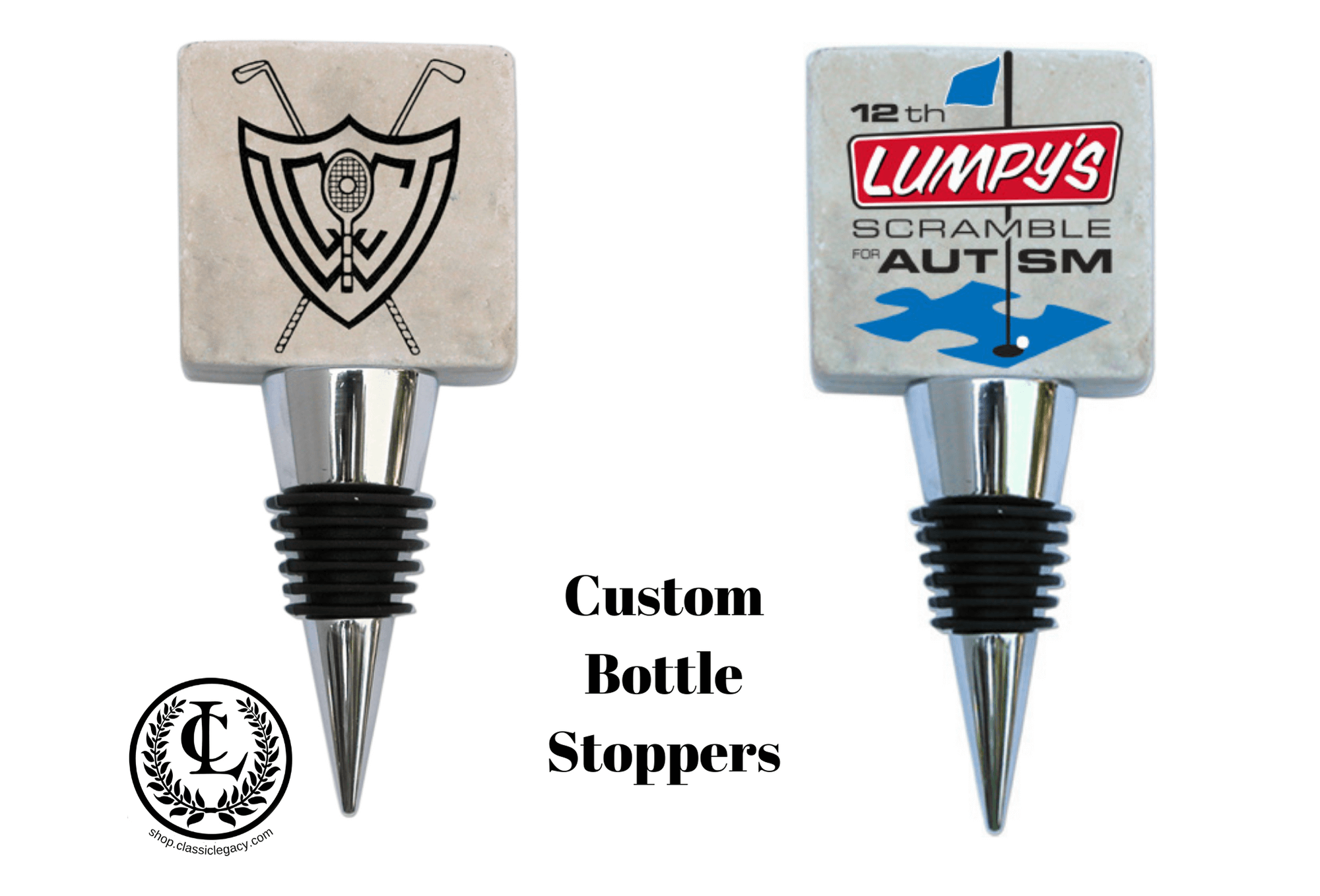 Custom marble bottle stoppers for golf clubs and events.