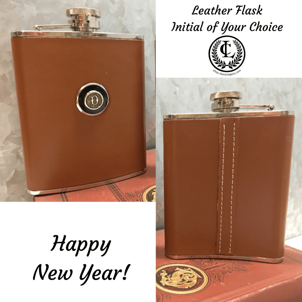 New Year Gifts include the leather initial flask.