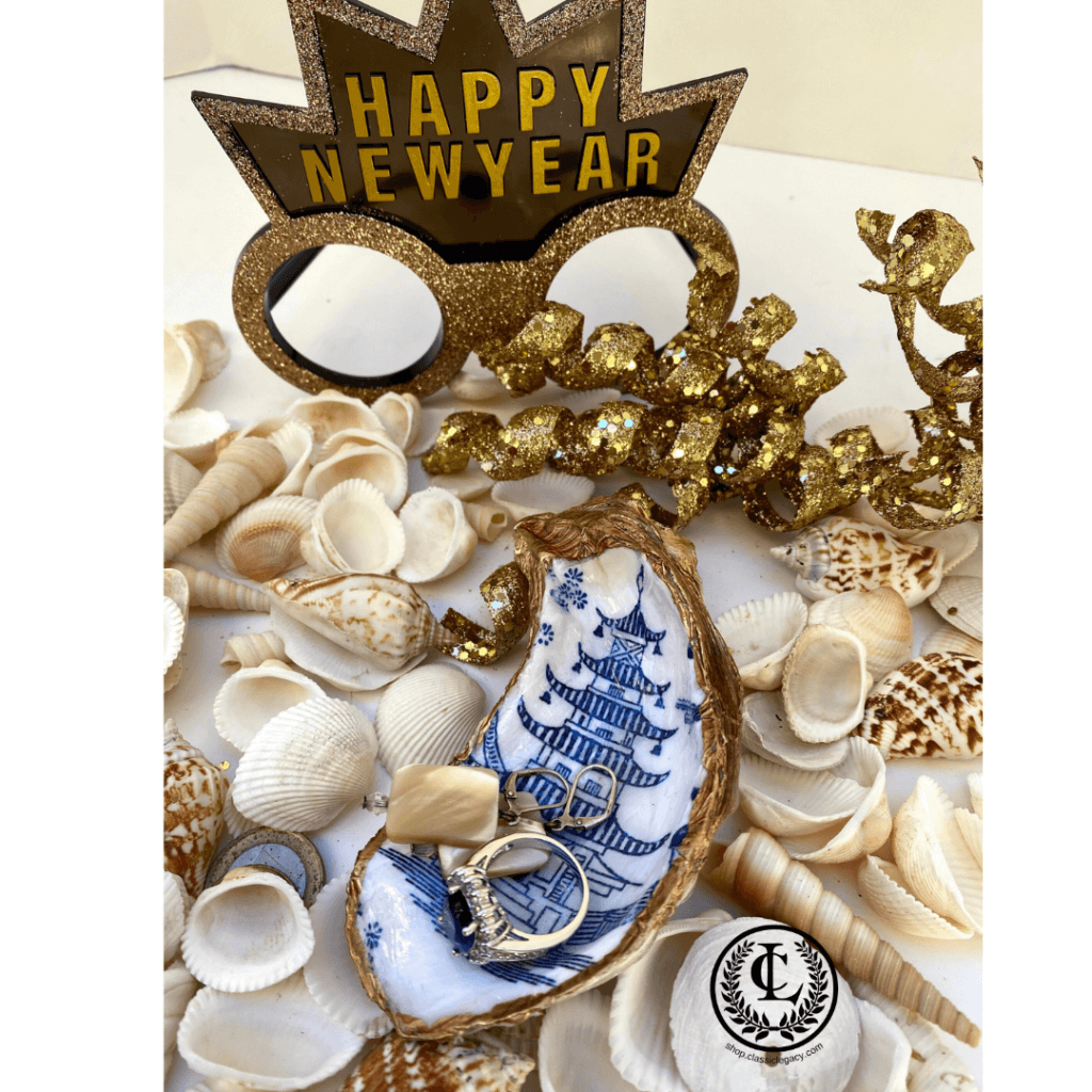 New Years Gift  includes the Classic Legacy handcrafted oyster shell art with blue and white Chinoiserie design.