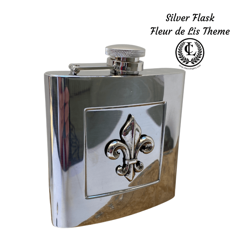 New Year Gifts include the silver fleur de lis flask.